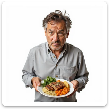 realistic man, marked face and dull hair, plate with only lean foods, worried expression, caption in Italian: “No grassi salutari: rischio per estetica e salute”, isolated on white background sticker
