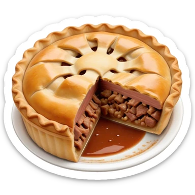 Cinematic Realistic Meat Pie Dish Emoji, showcasing a flaky pastry filled with rich, hearty meat gravy, rendered with lifelike detail and warm, inviting lighting. sticker