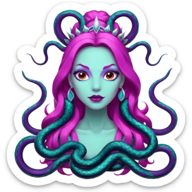 Beautiful Queen Hydra sea witch with seven snake heads, with the colors of cyan, hot pink, purple, white, and black sticker