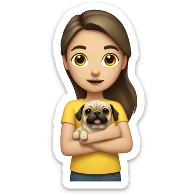 Girl with brown hair and a yellow shirt holding her pug sticker