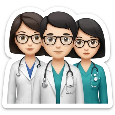 Create four doctors grouped together. Place a female doctor with dark brown short bob hair prominently in the front. Behind her, include:

a doctor with white hair wearing glasses,

a young male doctor with black hair and no glasses,

and a female doctor with black short bob hair wearing glasses. sticker