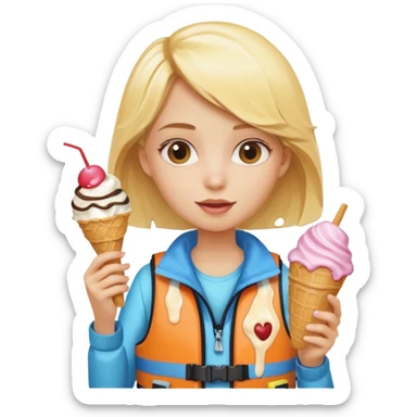 girl blonde kid wearing lifejacket, holding ice cream sticker