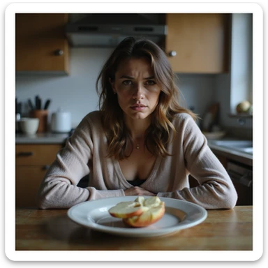 realistic style adult thin woman sitting at kitchen table with a plate with only a sliced apple, sad expression, kitchen environment, cold lighting, atmosphere of restrictive diet sticker