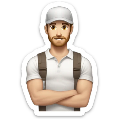 Pale skinned fit Man with dark brown hair in a light gray cap, dark brown jeans, brown polo and white T-shirt keeping a pasted with tape white box into his hands sticker