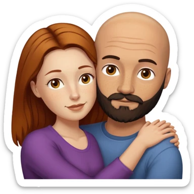 Couple. Bald man with dark brown-black beard. White woman with many small, faded freckles, she has white skin and she has auburn-yellow-brown-cinnamon, dark long hair. She has light brown eyes. The man have hazel eyes. Retro style. They hug. sticker