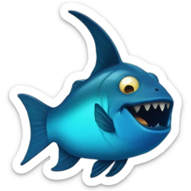 dark blue magic fat thing with a cyen face and a cyan fish fin and a big open mouth sticker