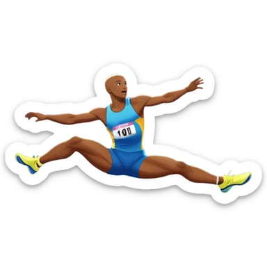 An icon showcasing various disciplines of track and field in one scene: a sprinter in full speed, a high jumper soaring over the bar, a long jumper taking off, and a discus thrower in motion. The background features a vibrant stadium with cheering crowds, bright lights, and a clear sky.  sticker