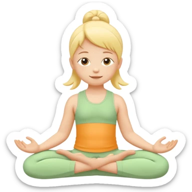 Flat illustration emoji of a small child practicing yoga, simple pose, calm and happy expression, soft pastel colors (yellow, green, soft orange), rounded shapes, minimal details, child-friendly, gentle and warm style, vector illustration, no background, cohesive style with kindergarten branding sticker