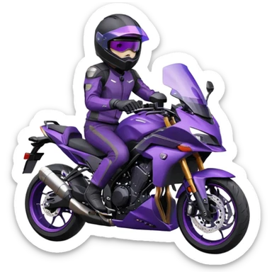 Créer un emoji avec une moto mt07 sport noir mate / violet iridescent très foncé, pare-brise de la moto violet. Avec une pilote dessus visière violet sombre visage caché . Avec fond arrière violet en arrière plan. sticker