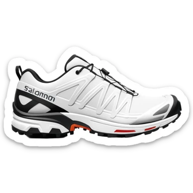 Ultra minimalist white Salomon XT-6 shoes, extremely simplified iOS emoji style, one behind the other, flat colors, very basic lines, essential details only, clean design sticker