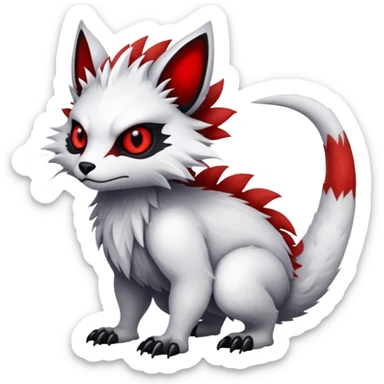 a white exotic edgy vernid-fionbr-Fakémon-creature, with black belly and red eyes, full body sticker