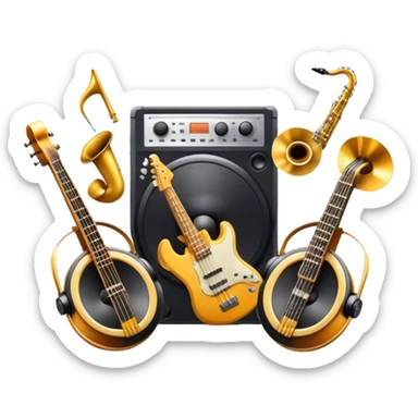 Icon for R&B Music Listening: large concert speakers and headphones with waves of musical notes coming out, along with drums and bass guitar and saxophone. The icon should convey the energetic and rhythmic vibe of R&B music. Transparent background sticker