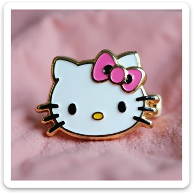 realistic Hello Kitty hair pin shaped like Hello Kitty's face with a pink bow, shiny enamel and metal, photographed on a white background sticker