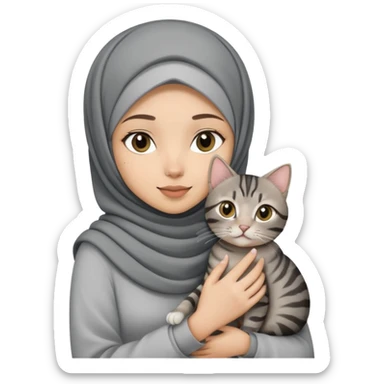 Hijab girl holding a black grey tabby cat sticker