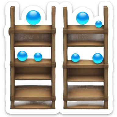 tall wooden shelves with blue orb prophecies sticker