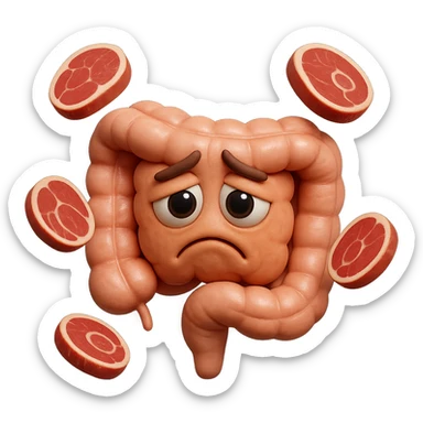 emoji stile iphone in 3d di un intestino triste con fette di carne che gli fluttuano intorno, gli occhi falli con la parte bianca pure, iperrealistico 4k sticker