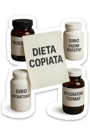 FOGLIO DI CARTA FLUTTUA IN ARIA CON LA SCRITTA "DIETA COPIATA", INSIEME A BARATTOLI DI INTEGRATORI PER CURARE IL SIBO IN ITALIANO, IPERREALISTICO 4K, NON DISEGNATO sticker