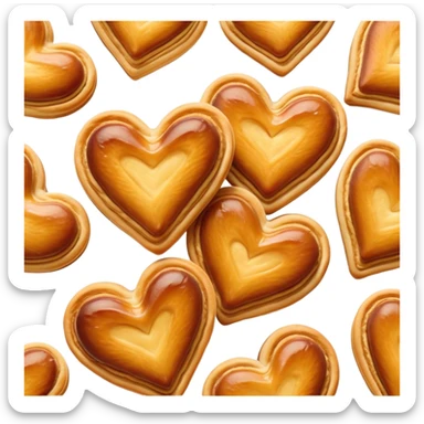 Cinematic crisp palmier, golden-brown heart-shaped pastries, perfectly caramelized layers, delicate and flaky, warm glowing background, inviting and delicious. sticker