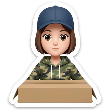 A girl with short hair wearing a baseball hat and a camo hoodie carrying a box sticker