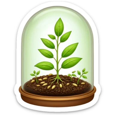 a pile of seeds at the right side and a germinating seed under a glass dome at the right side . Transparent background sticker