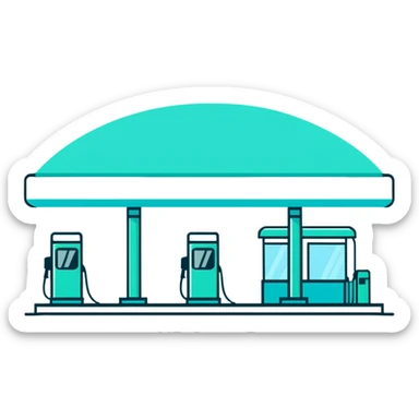 Gas station building with canopy and pump, minimalist design with soft gradients in sky blue, teal green, white, and light gray sticker