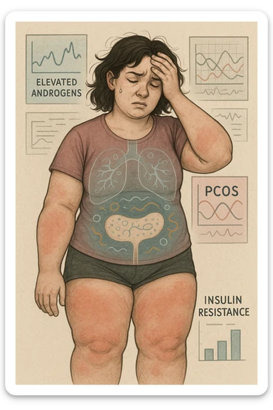 Woman with PCOS struggling with hormonal chaos, transparent overlay showing elevated androgens and insulin resistance affecting her body, lipedema causing disproportionate fat accumulation in legs and arms despite normal torso, expression of frustration with unexplained weight gain, medical charts showing complex endocrine dysfunction, painful swollen limbs contrasting with metabolic confusion sticker