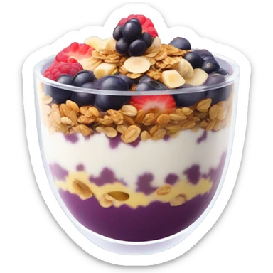 Açaí in a clear cup with layers of fruits and granola and condensed milk sticker