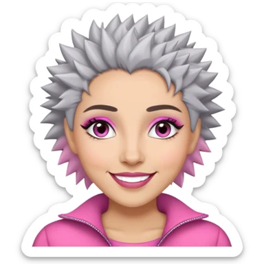 Close-up of Marian Pabón with defined facial structure, light skin with pink undertones, almond eyes with makeup, arched eyebrows, charismatic wide smile, and short spiky gray hair sticker