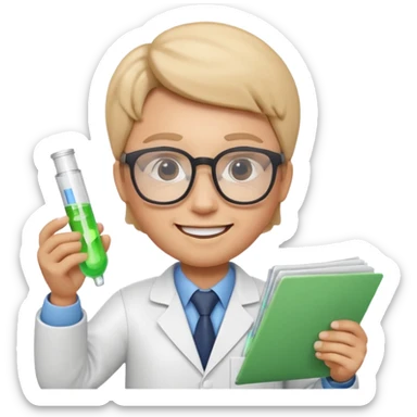 Apple Memoji-style 3D emoji of a researcher wearing glasses holding papers or a test tube, clean gradients, rounded shapes, no background. sticker