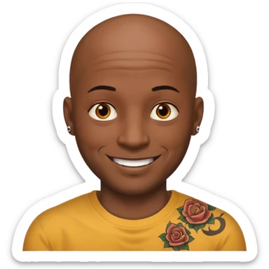 This is a cartoon-style avatar of a bald man with dark skin, golden-brown eyes, and several tattoos on his face, smiling with a friendly expression. sticker