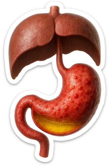 stomaco umano anatomico infiammato con acido giallo all'interno fluttua in aria insieme ad un diaframma umano, iperrealistico 4k, isolato su sfondo bianco sticker