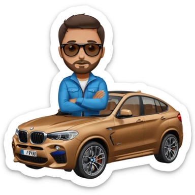 Brunnete Man with stubble (beard) sitting on top of the bonnet of a BMW X4 M competition with sunglasses on sticker
