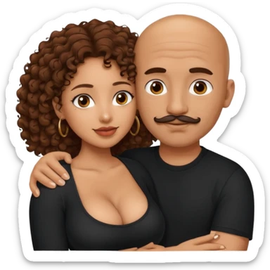 A mixed girl, the girl is wearing a black shirt, the girl has brown curly hair  and the girl has big boobs. A Mexican man is embracing her, with bald hair and a short mustache  sticker