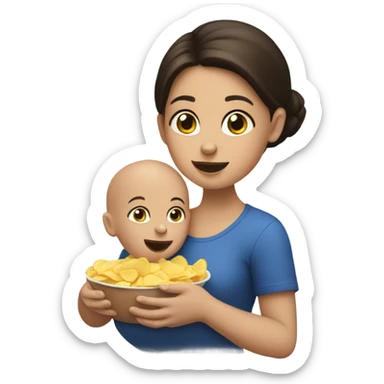 Brunette girl holding bald baby eating chips  sticker