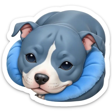 Meme-Worthy Cute Sleeping Blue Staffordshire Bull Terrier Portrait Emoji, Head resting peacefully with a contented smile, showcasing a delightfully compact build and a luxuriously soft blue Fur, eyes shut in a serene nap, Simplified yet hilariously adorable features, highly detailed, glowing with a soft, drowsy light, high shine, relaxed and utterly lovable, stylized with an air of playful laziness, bright and heartwarming, soft glowing outline, capturing the essence of a comically sleepy guardian, so meme-worthy it feels like it could instantly become the next viral sensation of adorable slumber! sticker