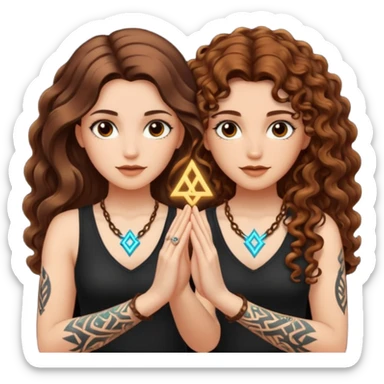 shared idea — long wavy brown hair tattooed woman and short tight curly brown hair woman — glowing rune between hands sticker