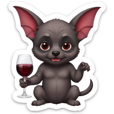 Ein kleiner, stämmiger Welpe mit kurzem, faltigem Gesicht und sehr großen, seitlich abstehenden „Fledermausohren“. Er hat kurzes dunkelgrau-schwarzes Fell mit hellbraunen Abzeichen über den Augen, an Wangen und Beinen sowie etwas hellerem Kinn, with red wine glass sticker