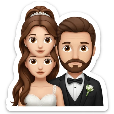 wedding couple woman with long straight brown hair and eyes man with long brown curly hair in pony tail and facial hair sticker