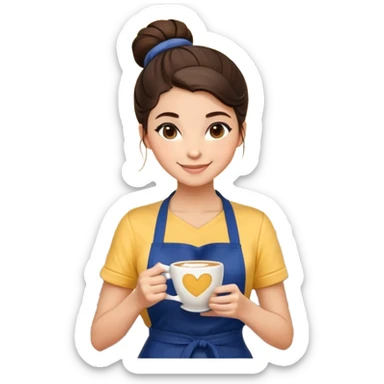 Cute brunette barista girl with hair in a bun wearing yellow shirt and dark blue apron, she's relaxed and making heart-shaped latte art, smiling at the coffee cup with a heart design in the foam sticker