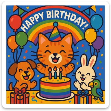 birthday party scene with a rainbow color theme including rainbow balloons, multicolored decorations, confetti, a large rainbow birthday cake, gifts, and a festive atmosphere; main character is a ginger tabby kitten wearing a birthday hat, surrounded by a puppy, bunny, and parrot also celebrating; include a prominent 'Happy Birthday!' message sticker