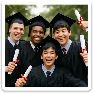 a group of happy 16-year-old young men celebrating graduation, wearing caps and gowns, smiling and joyful sticker