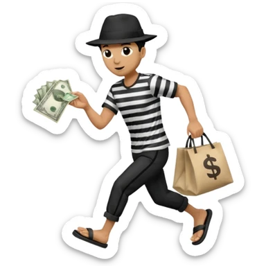 Make a man wear a black pant and he shirt is balck line and white line and wear a black hat and he holding a money bag and he running he wear a black eye thing no money in the Left hand and he yellow and the money bag in the right he wear a flip flop like this is Money bag 💰 NO MONEY sticker