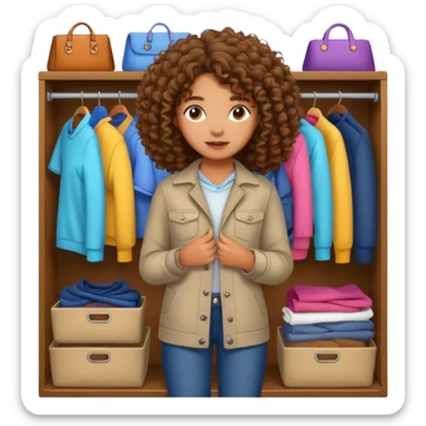 brown girl with curly hair picking clothes from closet sticker