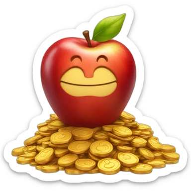 smiling red apple standing on a pile of gold sticker