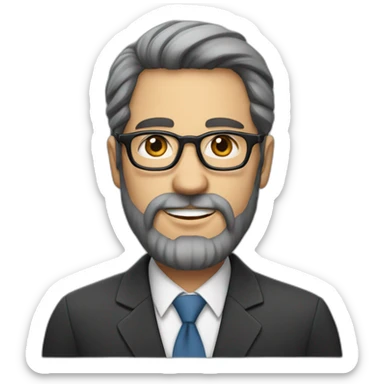 A Jewish man with a beard, thinned dark hair with gray on his head with full lips, in a business suit and glasses sticker