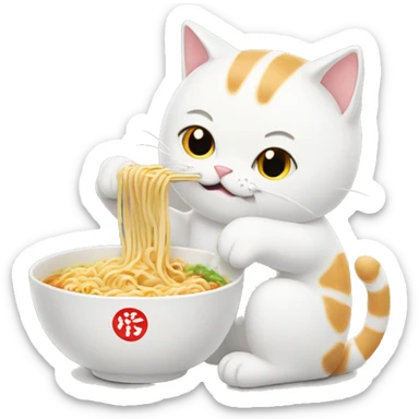 White cat eating ramen noodles sticker