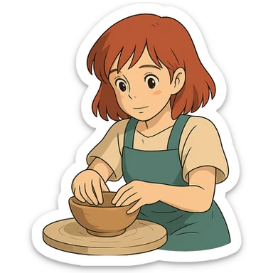 ghibli style girl with shoulder-length red hair making a bowl with clay sticker