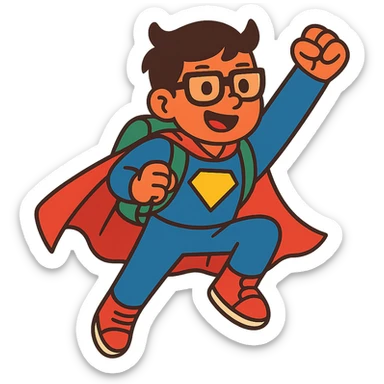 student in superhero costume, dynamic pose sticker