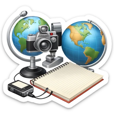 An icon showing a microphone, a notepad, and a camera, symbolizing journalism. The design includes a globe in the background, representing global news, and a breaking news banner for emphasis. Transparent background highlights the dynamic world of media and reporting. sticker