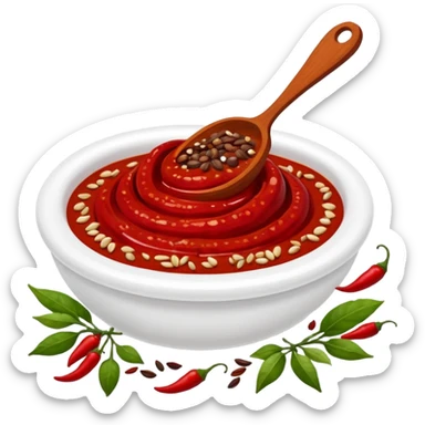 harissa paste, dollop or swirl, deep red, thick textured, glossy, uneven, flecks of chili, spices, seeds, vibrant red to crimson, clean 3D, soft shadows, transparent background, emoji scale sticker